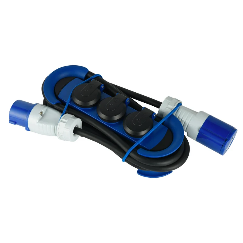 Electraline 62574 Multipresa Outdoor con Spina CEE, 1 Presa CEE + 3 Prese Schuko con tappo IP44, appendibile con 2 Ganci + Elastici Fermacavo, Cavo in gomma 3M, H07RN-F 3G2.5, Campeggio, Caravan