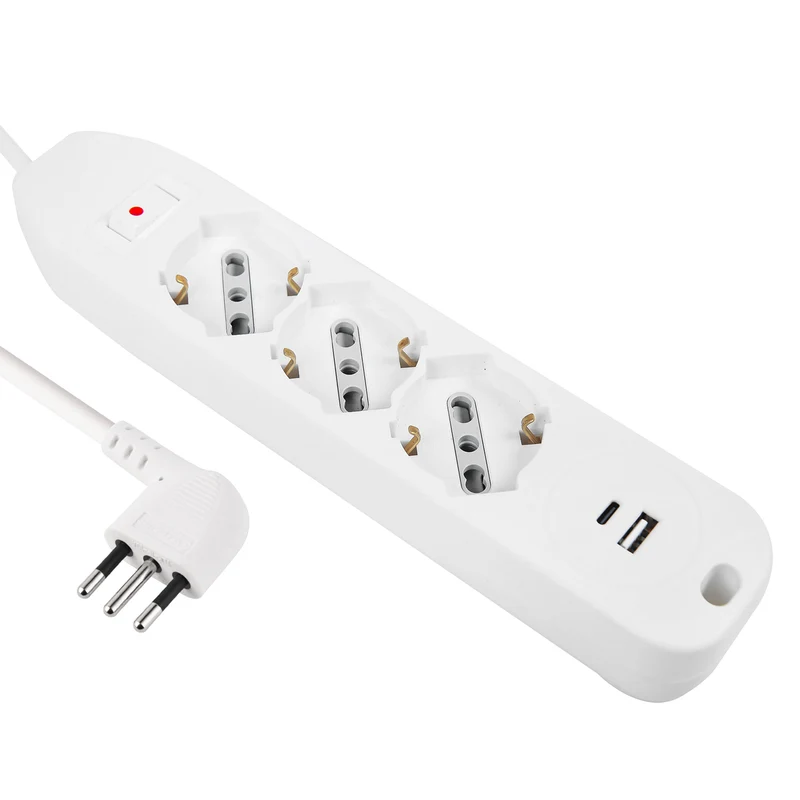Multipresa 3 Posti P40 Polivalenti + 2 USB (1 Tipo A + 1 Tipo C) 17W con interruttore con Protezione da Sovracorrente, Spina Piccola Italiana 10A Salvaspazio, Cavo 1,5M, Bianco o Nero